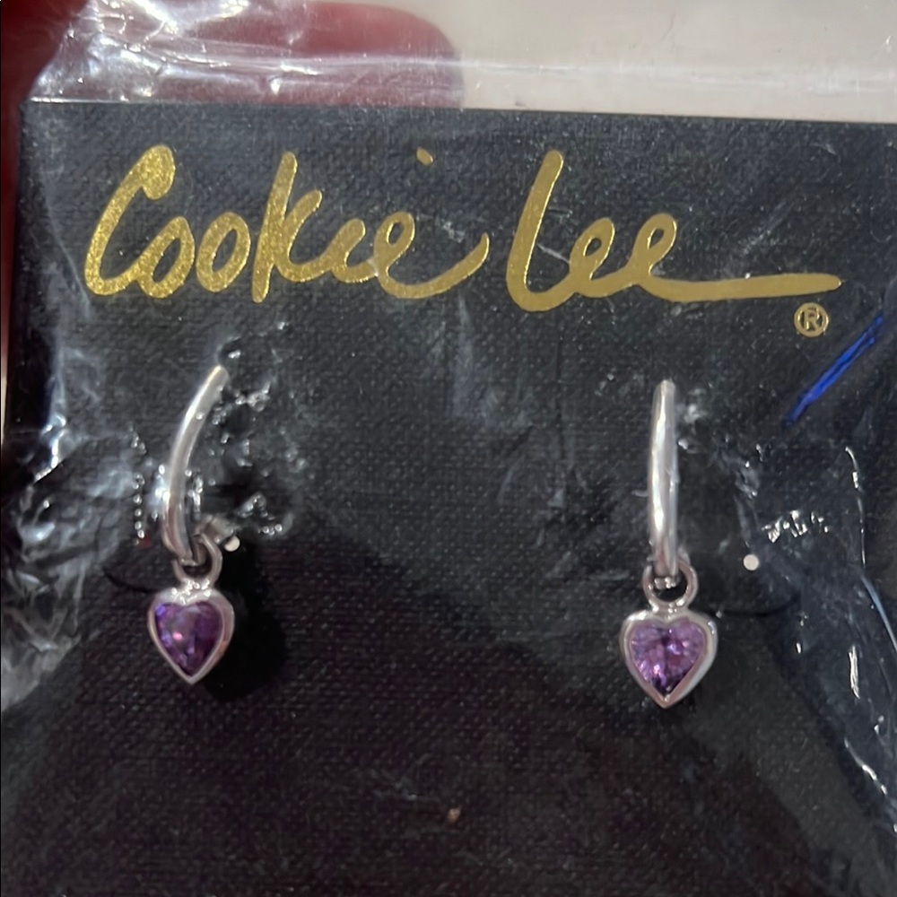 Cookie Lee Silver Earrings with Purple Heart Stones